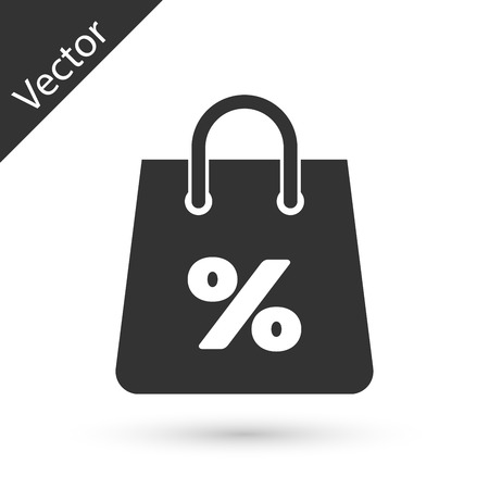 Grey Shoping bag with an inscription percent discount icon isolated on white background. Handbag sign. Woman bag icon. Female handbag sign. Vector Illustrationのイラスト素材