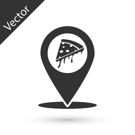 Grey Map pointer with fast food slice pizza icon isolated on white background. Pizzeria location icon. Pizza cafe and restaurant marker. Vector Illustrationのイラスト素材