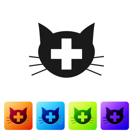 Black Veterinary clinic symbol icon isolated on white background. Cross with cat veterinary care. Pet First Aid sign. Set icon in color square buttons. Vector Illustrationのイラスト素材