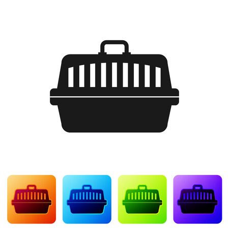 Black Pet carry case icon isolated on white background. Carrier for animals, dog and cat. Container for animals. Animal transport box. Set icon in color square buttons. Vector Illustrationのイラスト素材