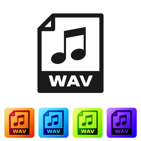 Black WAV file document icon. Download wav button icon isolated on white background. WAV waveform audio file format for digital audio riff files. Set icon in color square buttons. Vector Illustrationのイラスト素材