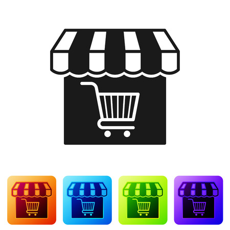 Black Shopping building or market store with shopping cart icon isolated on white background. Shop construction. Supermarket basket symbol. Set icon in color square buttons. Vector Illustrationのイラスト素材