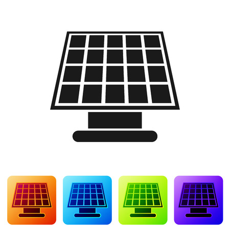 Black Solar energy panel icon isolated on white background. Set icon in color square buttons. Vector Illustrationのイラスト素材