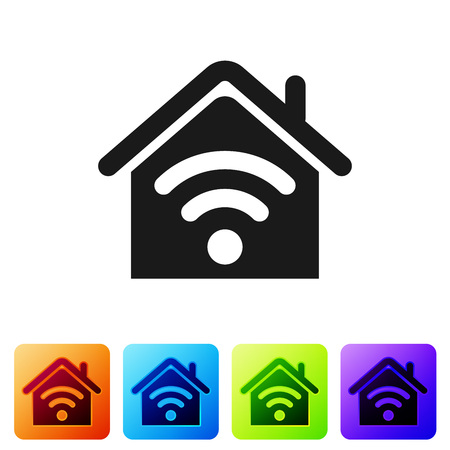 Black Smart home with wi-fi icon isolated on white background. Remote control. Set icon in color square buttons. Vector Illustrationのイラスト素材