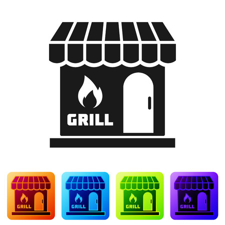 Black Barbecue shopping building or market store icon isolated on white background. BBQ grill party. Shop construction. Set icon in color square buttons. Vector Illustrationのイラスト素材