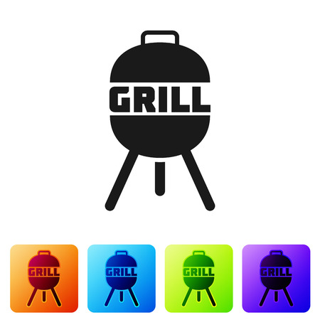 Black Barbecue grill icon isolated on white background. BBQ grill party. Set icon in color square buttons. Vector Illustrationのイラスト素材