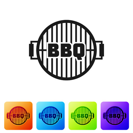 Black Barbecue grill icon isolated on white background. Top view of BBQ grill. Steel grid. Set icon in color square buttons. Vector Illustrationのイラスト素材
