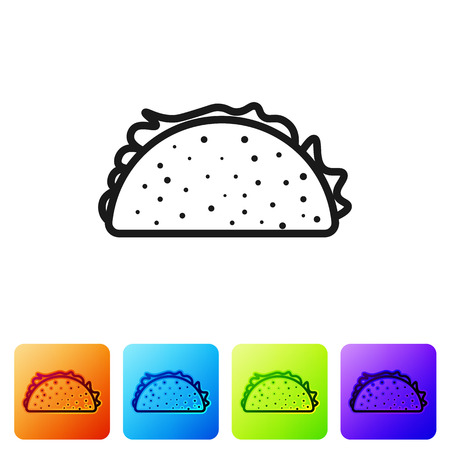 Black Taco with tortilla icon isolated on white background. Traditional mexican fast food. Set icon in color square buttons. Vector Illustrationのイラスト素材