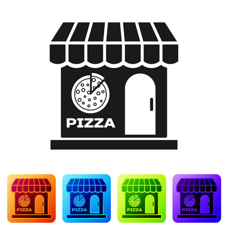Black Pizzeria building facade icon isolated on white background. Fast food pizzeria kiosk. Set icon in color square buttons. Vector Illustrationのイラスト素材
