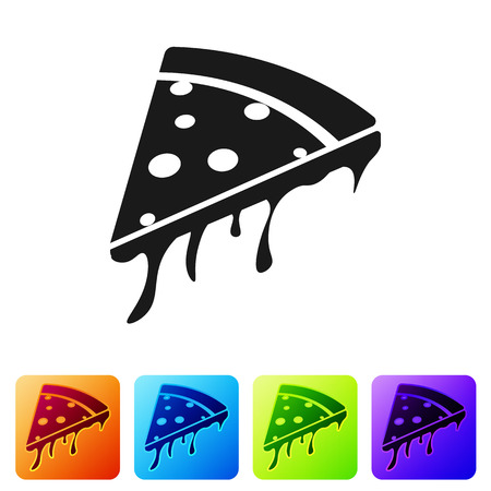 Black Slice of pizza icon isolated on white background. Set icon in color square buttons. Vector Illustrationのイラスト素材