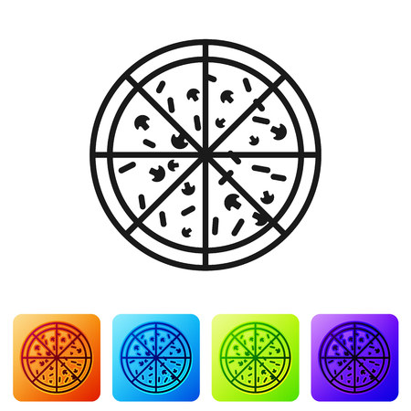 Black Pizza icon isolated on white background. Set icon in color square buttons. Vector Illustrationのイラスト素材