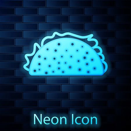 Glowing neon Taco with tortilla icon isolated on brick wall background. Traditional mexican fast food. Vector Illustrationのイラスト素材