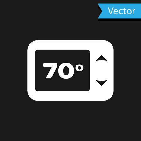 White Thermostat icon isolated on black background. Temperature control. Vector Illustrationのイラスト素材