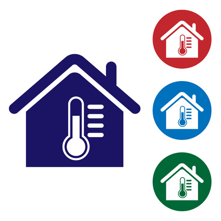 Blue House temperature icon isolated on white background. Thermometer icon. Set color icon in circle buttons. Vector Illustrationのイラスト素材