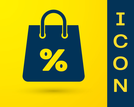 Blue Shoping bag with an inscription percent discount icon isolated on yellow background. Handbag sign. Woman bag icon. Female handbag sign. Vector Illustrationのイラスト素材