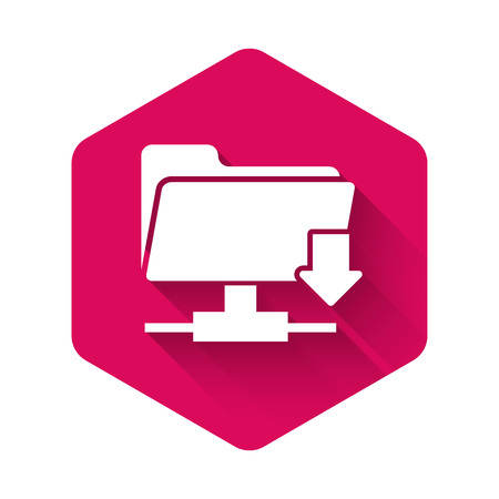 White FTP folder download icon isolated with long shadow. Concept of software update, transfer protocol, router, teamwork tool management, copy process. Pink hexagon button. Vector Illustrationのイラスト素材