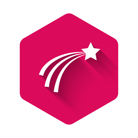 White Falling star icon isolated with long shadow. Shooting star with star trail. Meteoroid, meteorite, comet, asteroid, star icon. Pink hexagon button. Vector Illustrationのイラスト素材