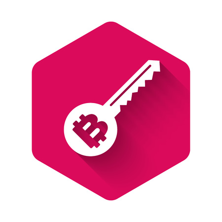 White Cryptocurrency key icon isolated with long shadow. Concept of cyber security or private key, digital key with technology interface. Pink hexagon button. Vector Illustrationのイラスト素材