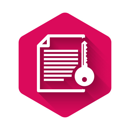 White Smart contract icon isolated with long shadow. Blockchain technology, cryptocurrency mining, bitcoin, altcoins, digital money market. Pink hexagon button. Vector Illustrationのイラスト素材