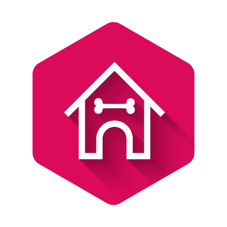 White Dog house and bone icon isolated with long shadow. Dog kennel. Pink hexagon button. Vector Illustrationのイラスト素材