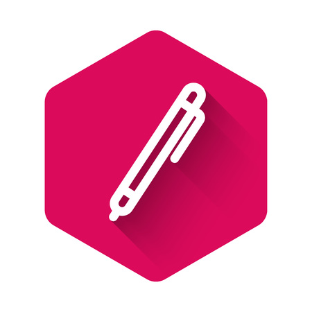 White Pen line icon isolated with long shadow. Pink hexagon button. Vector Illustrationのイラスト素材