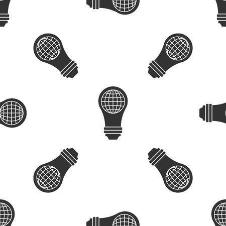 Grey Light bulb with inside world globe icon isolated seamless pattern on white background. Planet Earth on the lamp. Global ecology concept. Vector Illustrationのイラスト素材