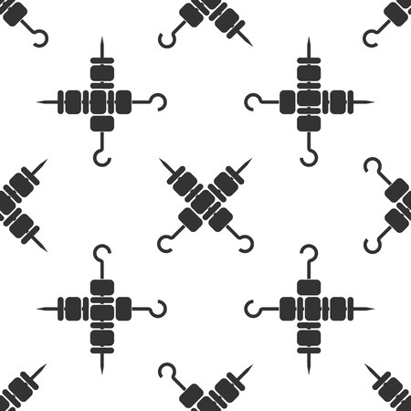 Grey Crossed grilled shish kebab on skewers stick icon isolated seamless pattern on white background. Meat kebab on skewers stick. Picnic with grill meat. Vector Illustrationのイラスト素材