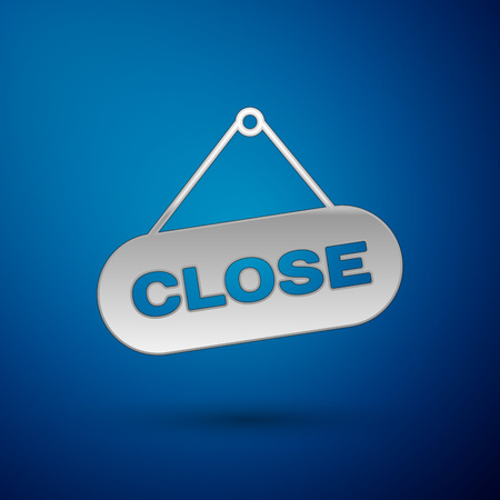 Silver Hanging sign with text Close icon isolated on blue background. Business theme for cafe or restaurant. Vector Illustrationのイラスト素材