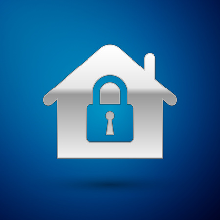 Silver House under protection icon isolated on blue background. Home and lock. Protection, safety, security, protect, defense concept. Vector Illustrationのイラスト素材