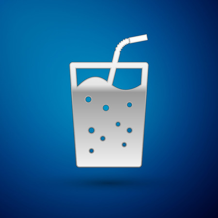 Silver Glass with water icon isolated on blue background. Soda drink glass with drinking straw. Fresh cold beverage symbol. Vector Illustrationのイラスト素材