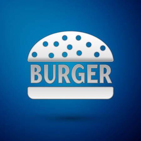 Silver Burger icon isolated on blue background. Hamburger icon. Cheeseburger sandwich sign. Vector Illustrationのイラスト素材