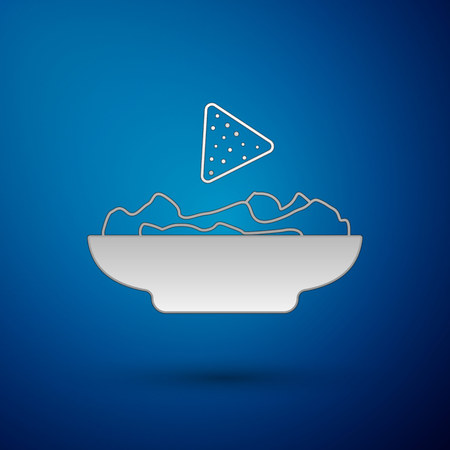 Silver Nachos in plate icon isolated on blue background. Tortilla chips or nachos tortillas. Traditional mexican fast food. Vector Illustrationのイラスト素材