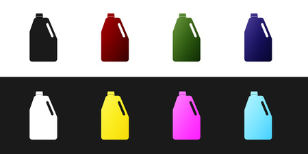 Set Household chemicals blank plastic bottle icon isolated on black and white background. Liquid detergent or soap, stain remover, laundry bleach. Vector Illustrationのイラスト素材