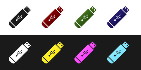 Set USB flash drive icon isolated on black and white background. Vector Illustration