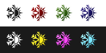 Set Hot and cold symbol. Sun and snowflake icon isolated on black and white background. Winter and summer symbol. Vector Illustrationのイラスト素材