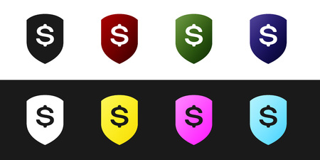 Set Shield and dollar icon isolated on black and white background. Security shield protection. Money security concept. Vector Illustrationのイラスト素材