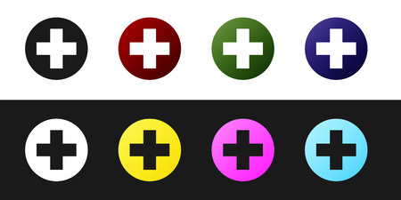Set Medical cross in circle icon isolated on black and white background. First aid medical symbol. Vector Illustrationのイラスト素材