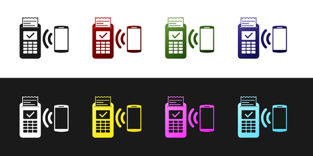 Set POS terminal with printed reciept and confirms the payment by smartphone icon isolated on black and white background. NFC payment concept. Vector Illustrationのイラスト素材