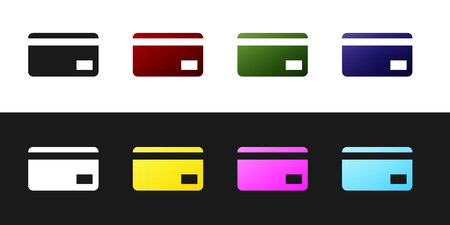 Set Credit card icon isolated on black and white background. Online payment. Cash withdrawal. Financial operations. Shopping sign. Vector Illustrationのイラスト素材