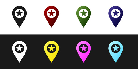 Set Map pointer with star icon isolated on black and white background. Star favorite pin map icon. Map markers. Vector Illustrationのイラスト素材
