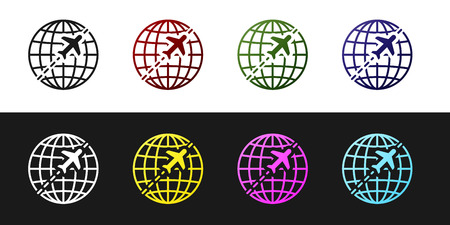 Set Globe with flying plane icon isolated on black and white background. Airplane fly around the planet earth. Aircraft world icon. Vector Illustrationのイラスト素材