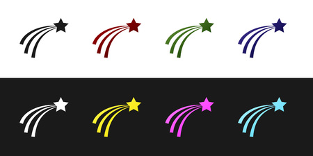 Set Falling star icon isolated on black and white background. Shooting star with star trail. Meteoroid, meteorite, comet, asteroid, star icon. Vector Illustrationのイラスト素材