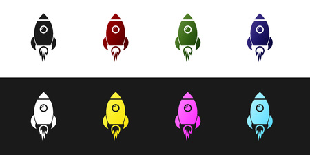 Set Rocket ship with fire icon isolated on black and white background. Space travel. Vector Illustrationのイラスト素材