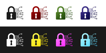 Set Cyber security icon isolated on black and white background. Closed padlock on digital circuit...