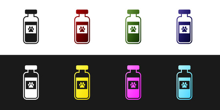 Set Pets vial medical icon isolated on black and white background. Prescription medicine for animal. Vector Illustrationのイラスト素材