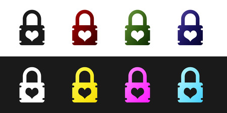 Set Padlock with heart icon isolated on black and white background. Locked Heart. Love symbol and keyhole sign. Vector Illustrationのイラスト素材