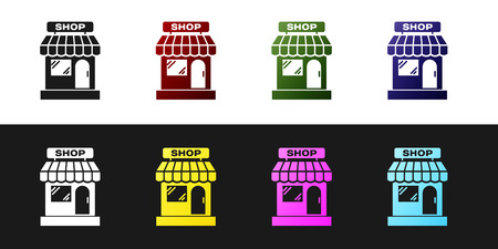 Set Shopping building or market store icon isolated on black and white background. Shop construction. Vector Illustrationのイラスト素材