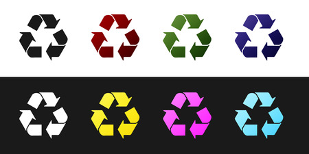 Set Recycle symbol icon isolated on black and white background. Circular arrow icon. Environment recyclable go green. Vector Illustrationのイラスト素材