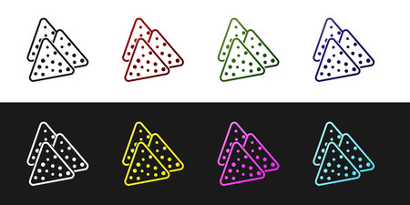 Set Nachos icon isolated on black and white background. Tortilla chips or nachos tortillas. Traditional mexican fast food. Vector Illustrationのイラスト素材
