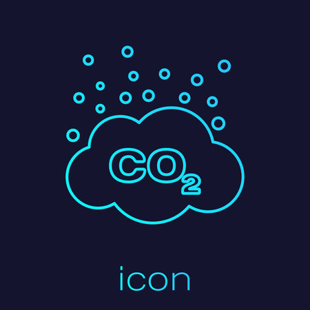 Turquoise CO2 emissions in cloud line icon isolated on blue background. Carbon dioxide formula symbol, smog pollution concept, environment concept. Vector Illustrationのイラスト素材
